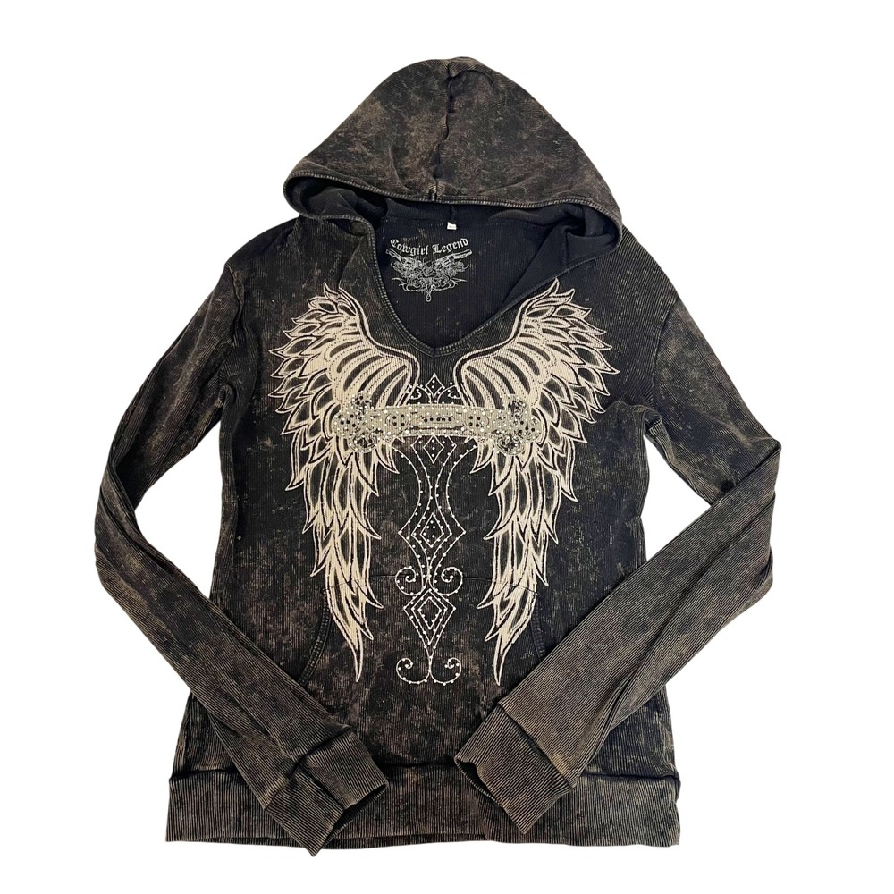 Y2K Cowgirl Legend Black Mineral Wash Angel Wing Rhinestone Biker Hoodie LARGE